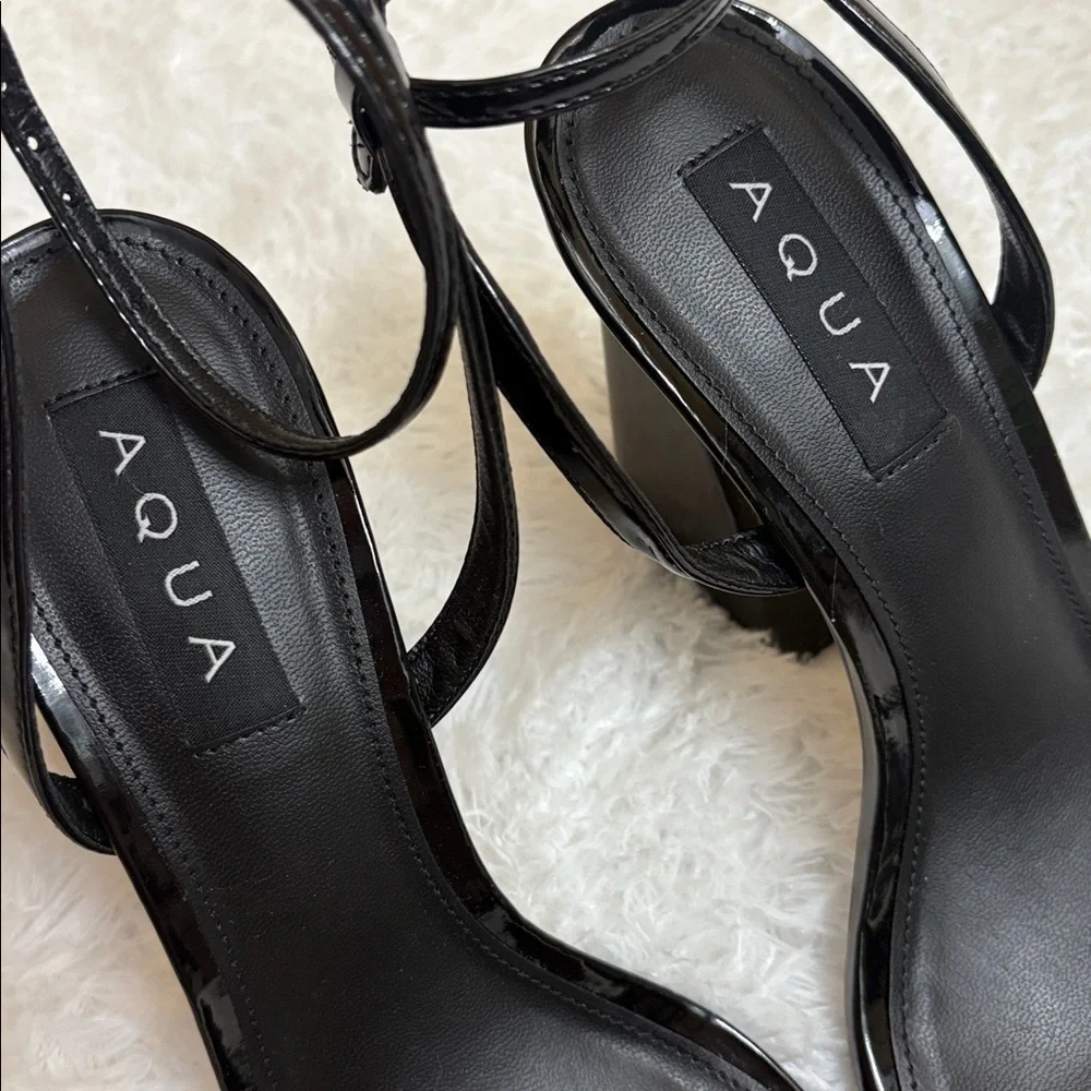 NEW Without Box Aqua Black Strappy Block Heels With Rhinestone Detailing 9.5B
